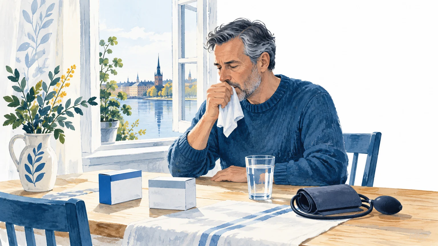 En vuxen person vid ett öppet fönster med ett glas vatten, en diskret hostnäsduk och två separata oetiketterade läkemedelsaskar på bordet.