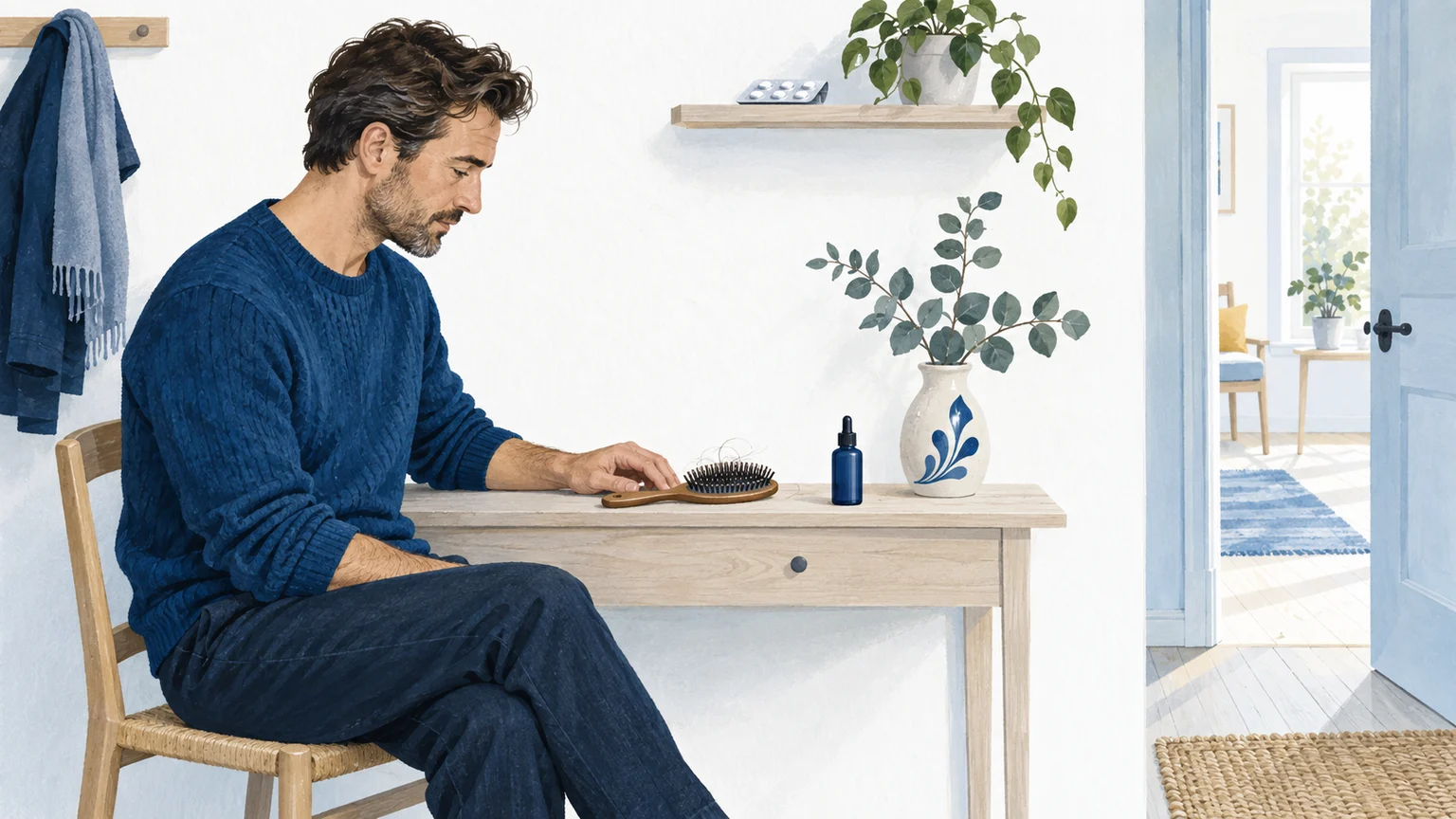 En man vid en hallbyrå med en hårborste, en oetiketterad droppflaska och en separat stängd tablettask som visar skillnaden mellan lokal och oral form.