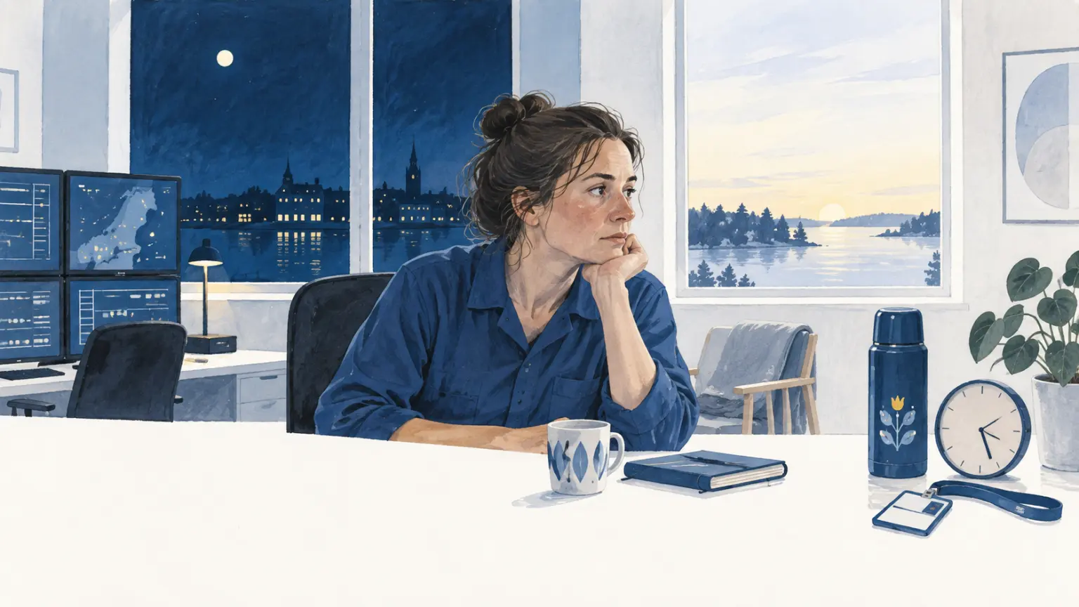 En nattarbetare vid ett skrivbord där mörk natt möter morgonljus och en diskret arbetsbricka antyder skiftarbete.
